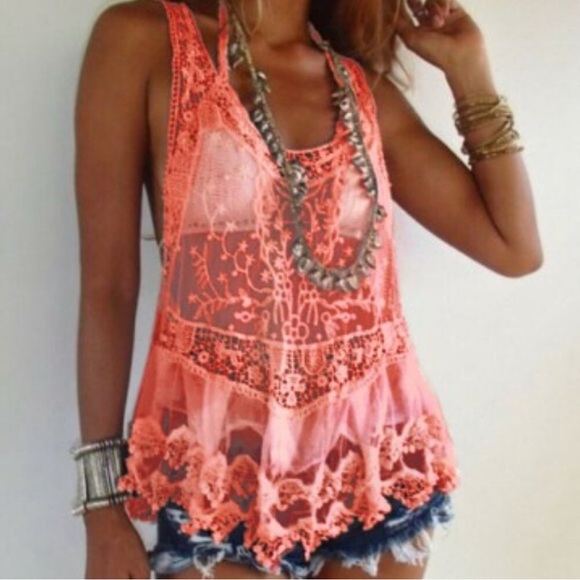 Bohemian Crochet Lace Racerback Tank Top Cover up - Picture 4 of 6
